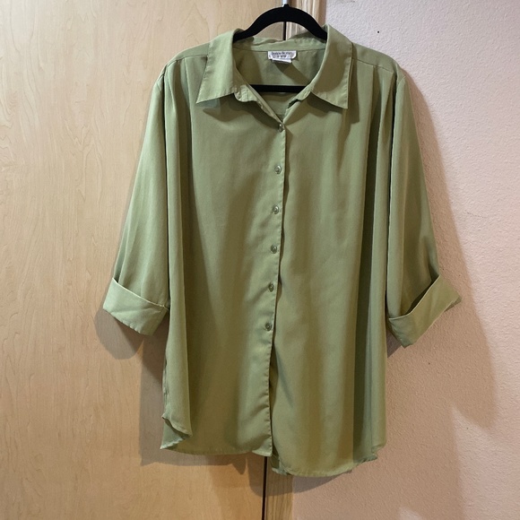 Brylane Woman Tops - Women 4X Vintage Dusty Sage Green Over Layering Button Down Blouse